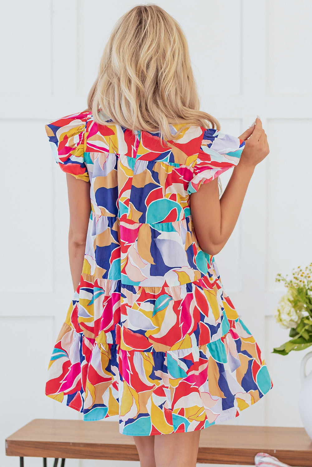 Pink Abstract Printed Ruffled Flutter Sleeve Tiered Mini Dress eAura