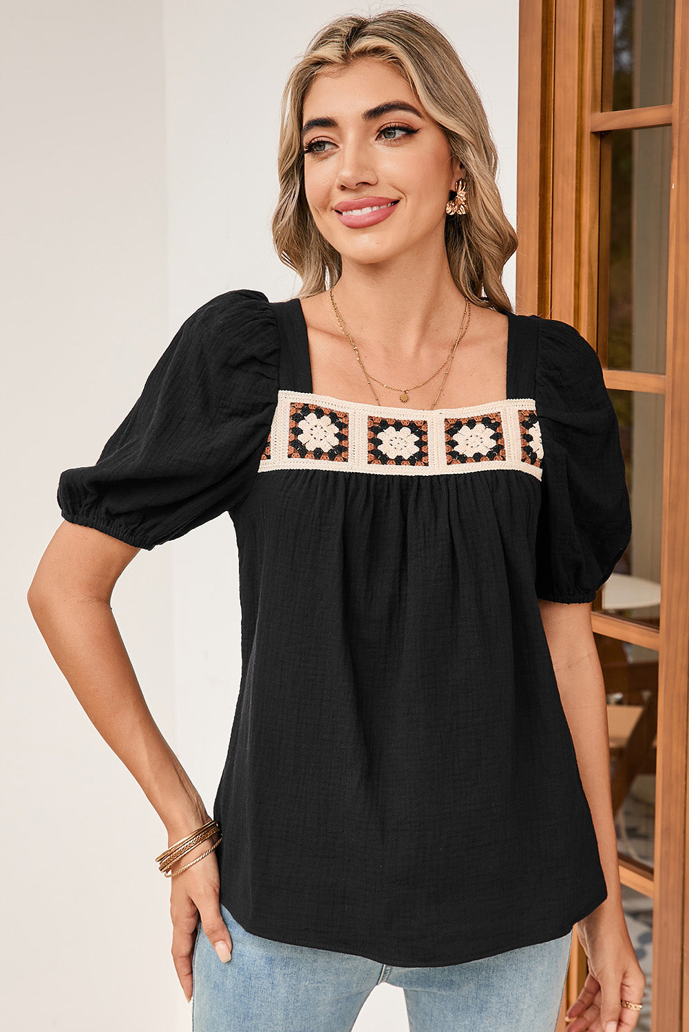 Black Crochet Square Neck Crinkled Blouse BBs
