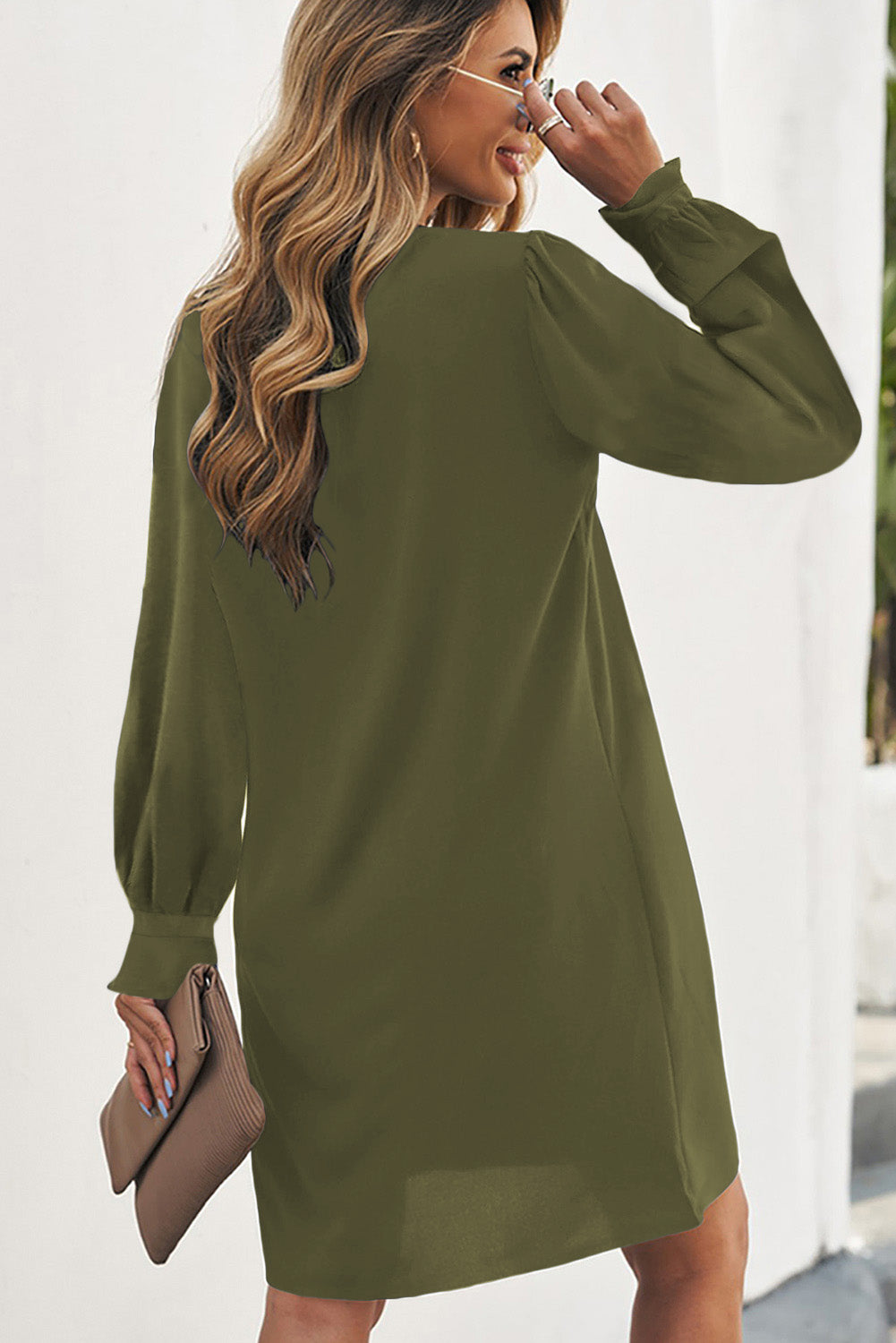 Green Split V Neck Ruffled Sleeves Shirt Dress BB Fashion Outlet