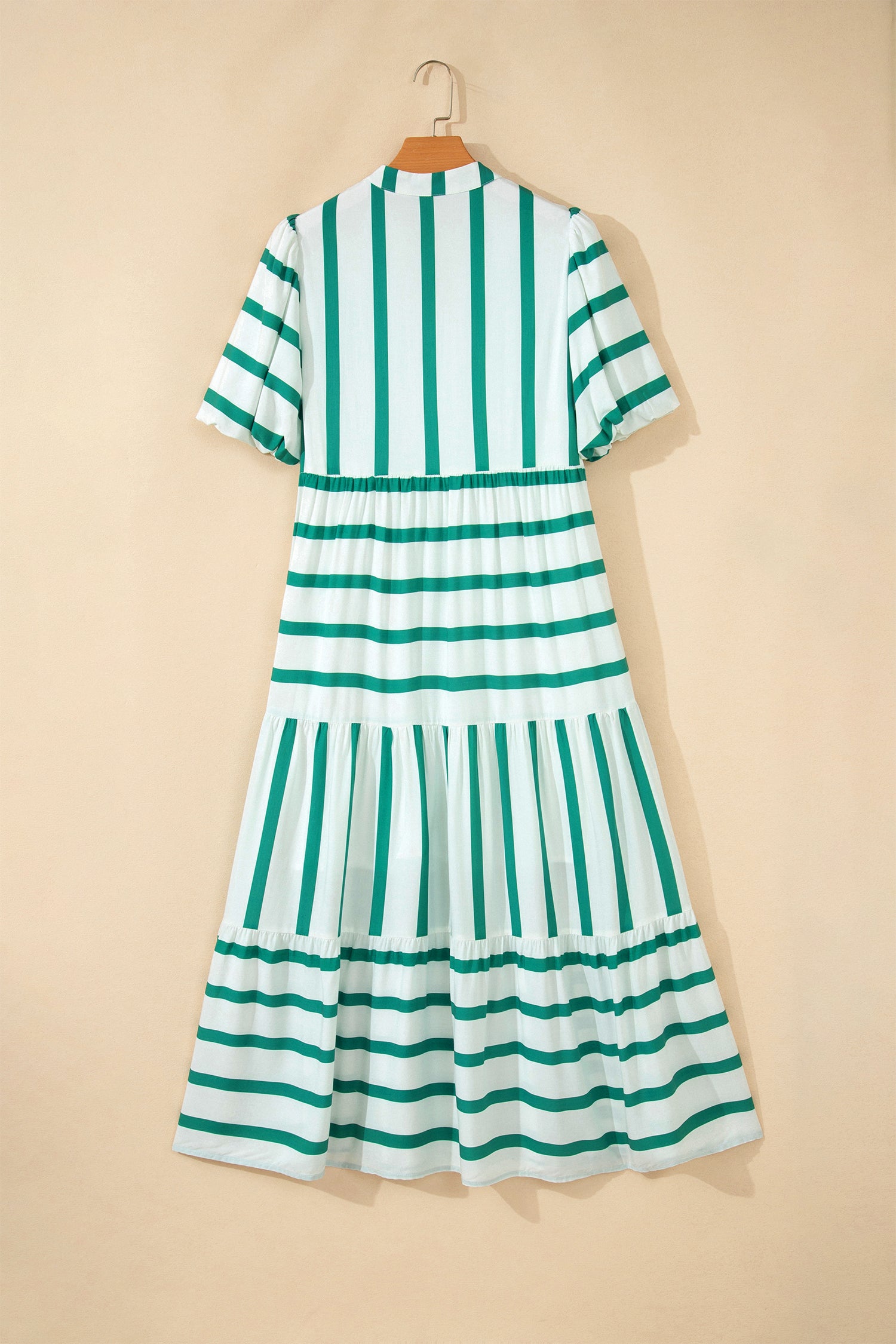 Green Stripe Ricrac Trim Notched Neck Vacation Midi Dress