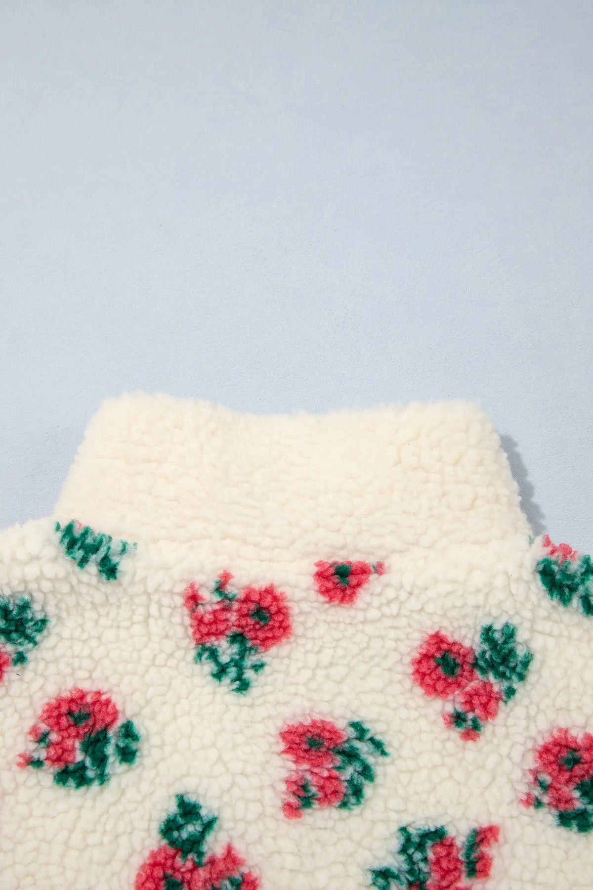 White Floral Print Fleece Contrast Trim Button Collar Sweatshirt