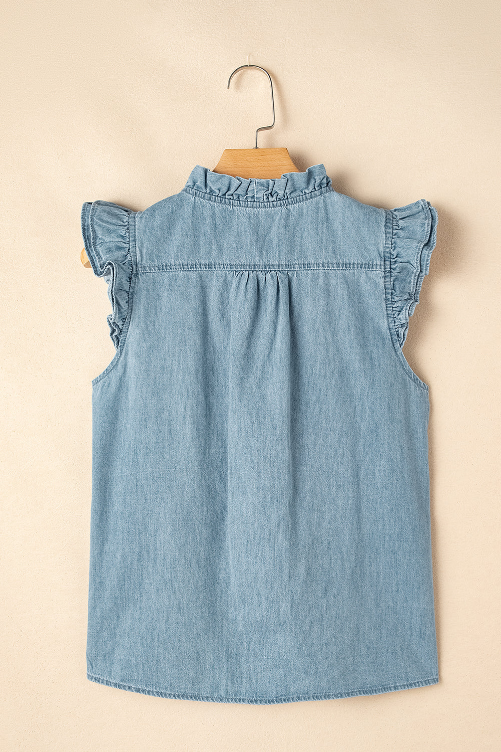 Beau Blue Frilly Ruffle Trim V Neck Chambray Tank Top eAura