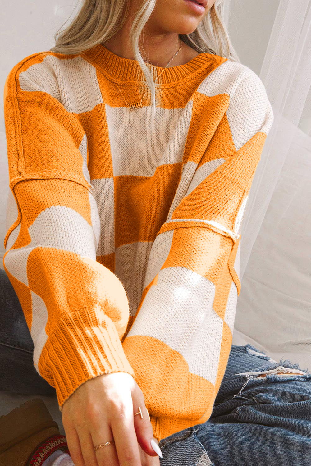 Orange Checkered Bishop Sleeve Sweater eAura
