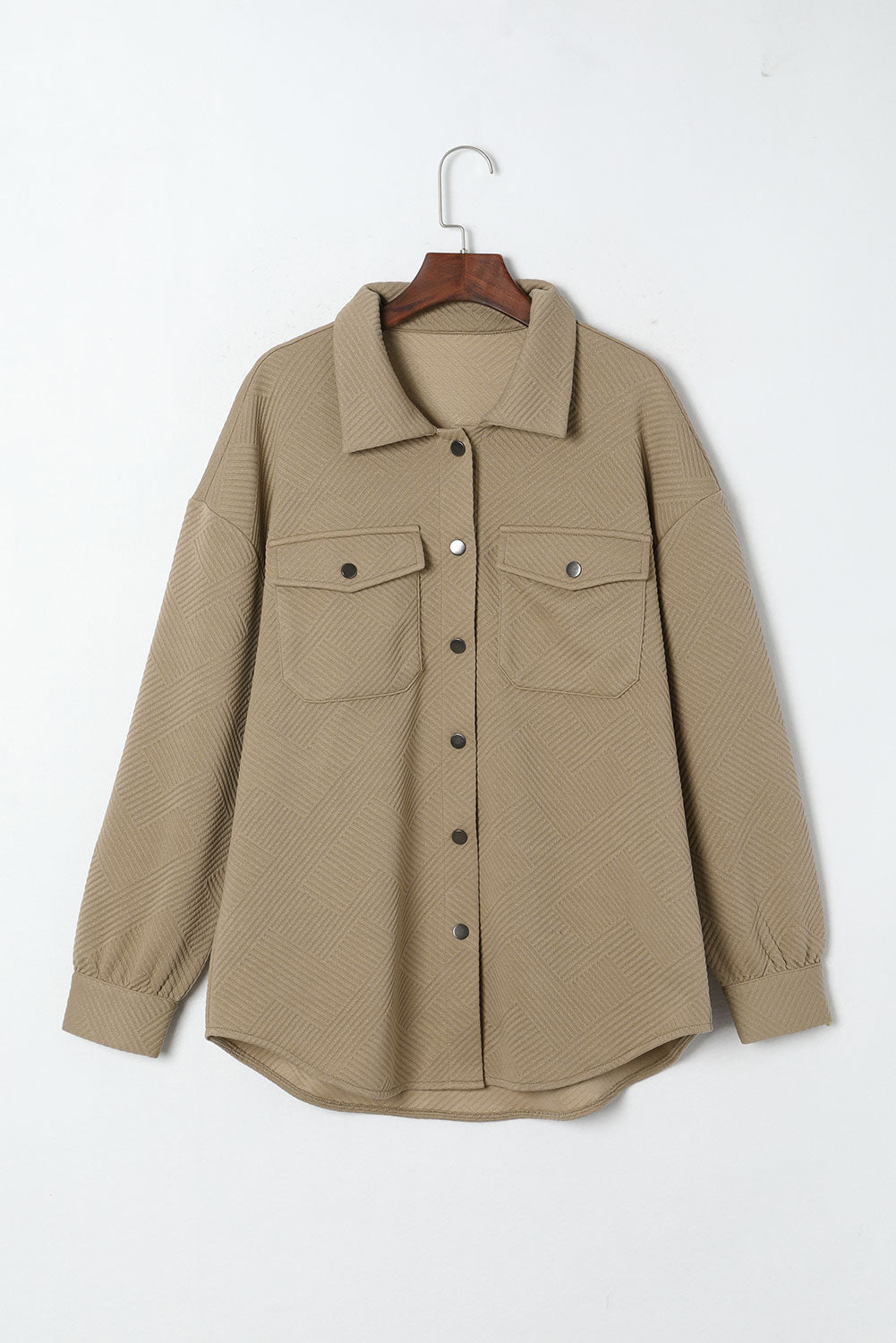 Khaki Solid Textured Flap Pocket Buttoned Shacket Beagle Boutique Fashion Outlet