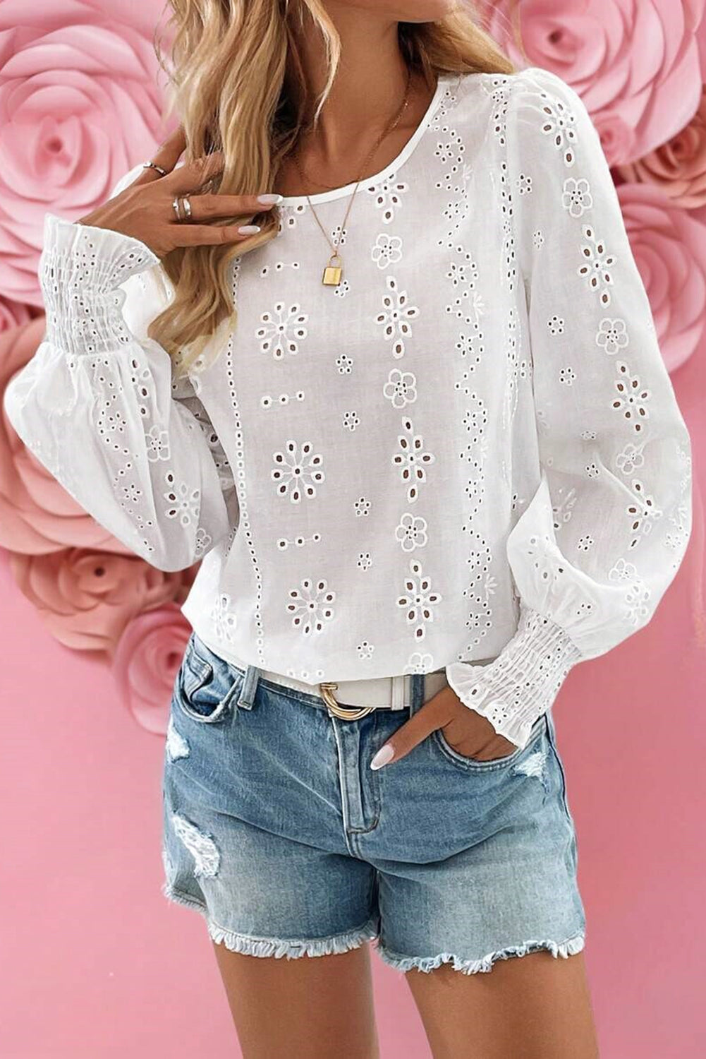 White Eyelet Embroidered Smocked Cuff Sheer Blouse Dear-Lover Dropshipping