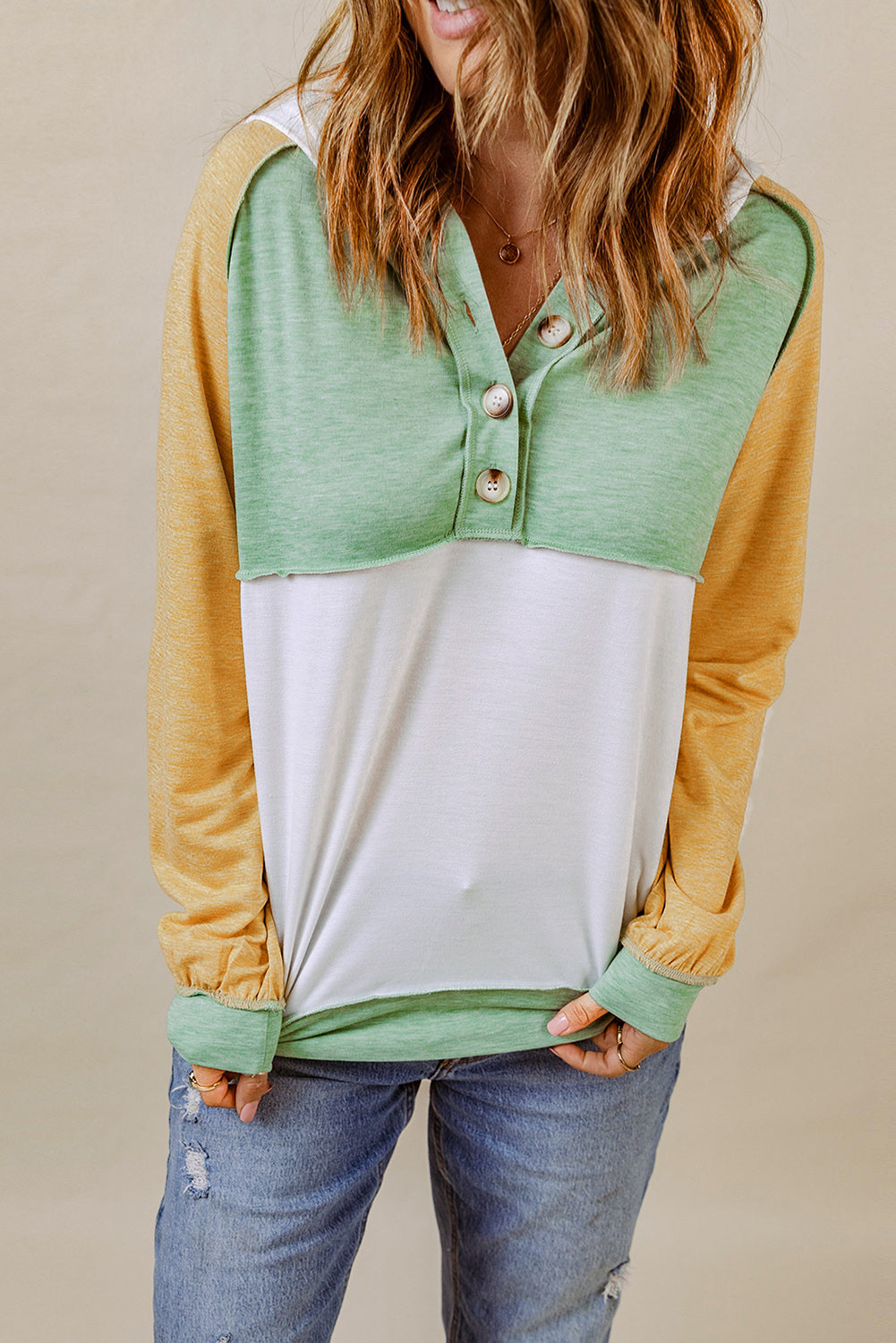 Yellow Colourblock Button Accent Pullover Hoodie eAura
