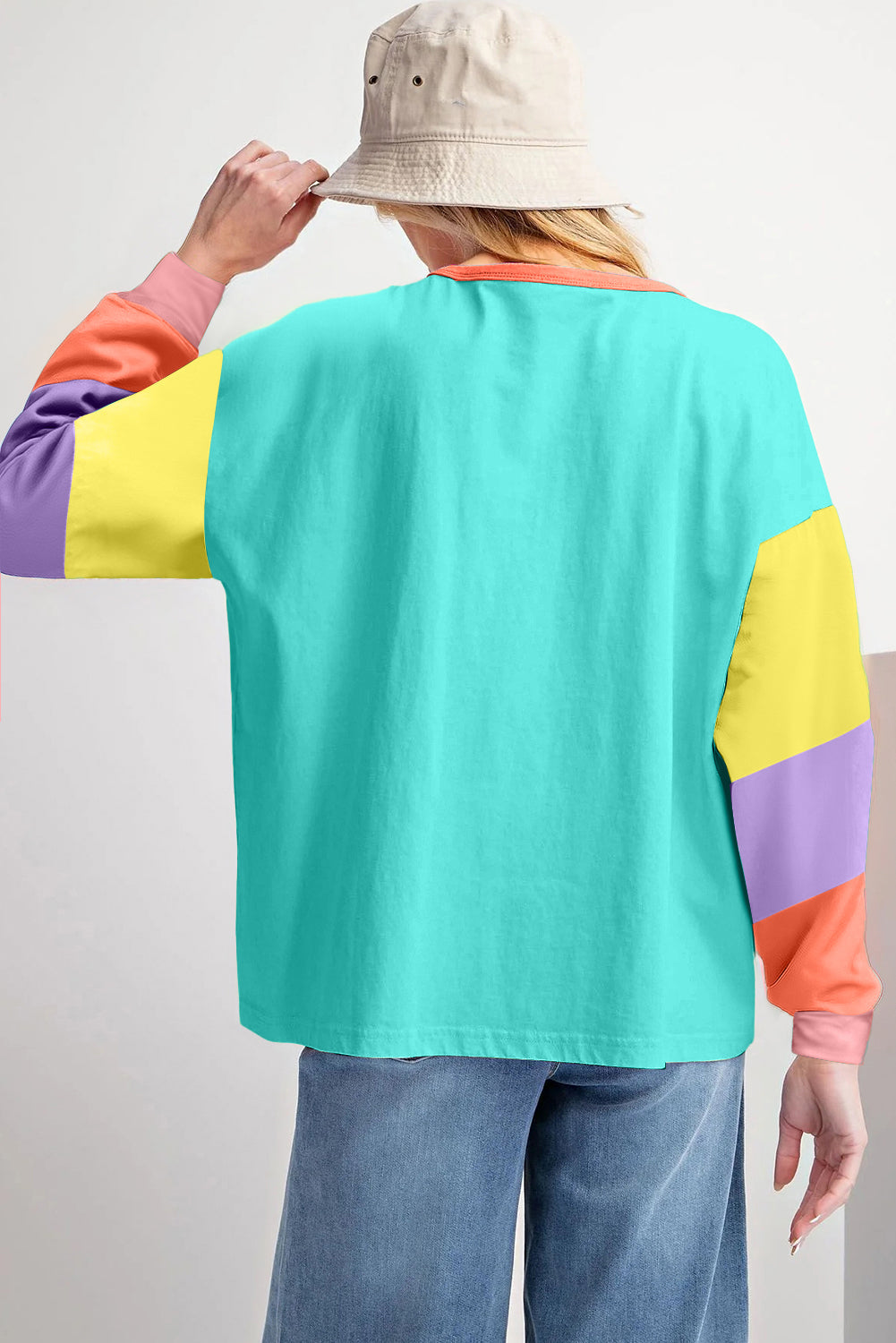Dark Blue Colourblock Patchwork Long Sleeve Loose Top eAura