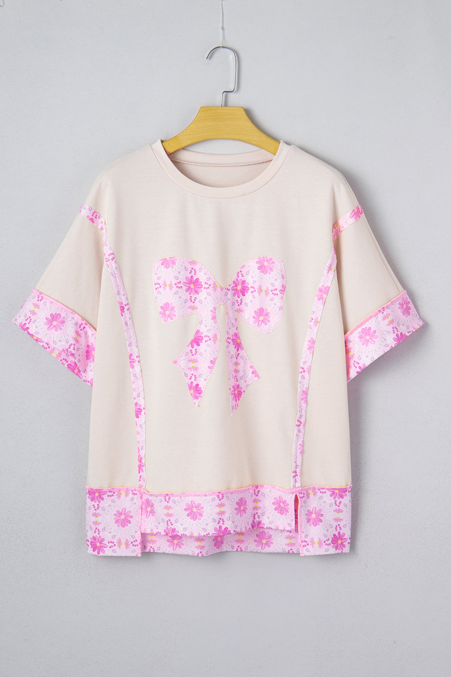 Daisy Floral Bow Contrast Patchwork Loose T Shirt – Apricot