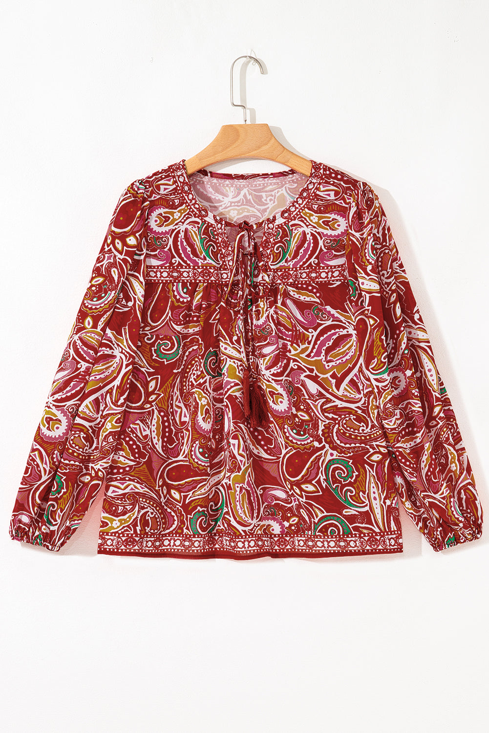 Multicolour Ethnic Paisley Print Tassel Tie Puff Sleeve Boho Blouse eAura