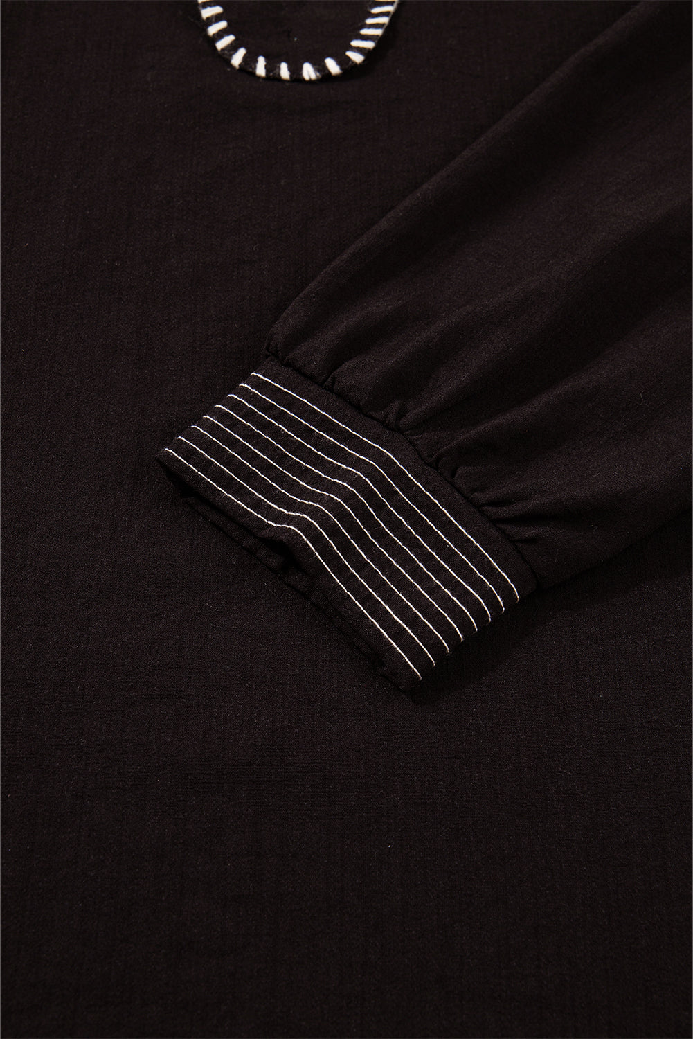 Black Contrast Stitched Detail V Neck Ruffle Long Sleeve Blouse - eAura
