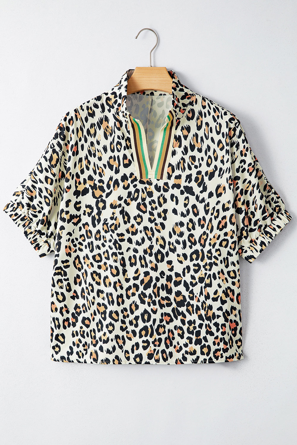 Leopard Contrast Striped V-Neck Loose Fit Blouse - eAura