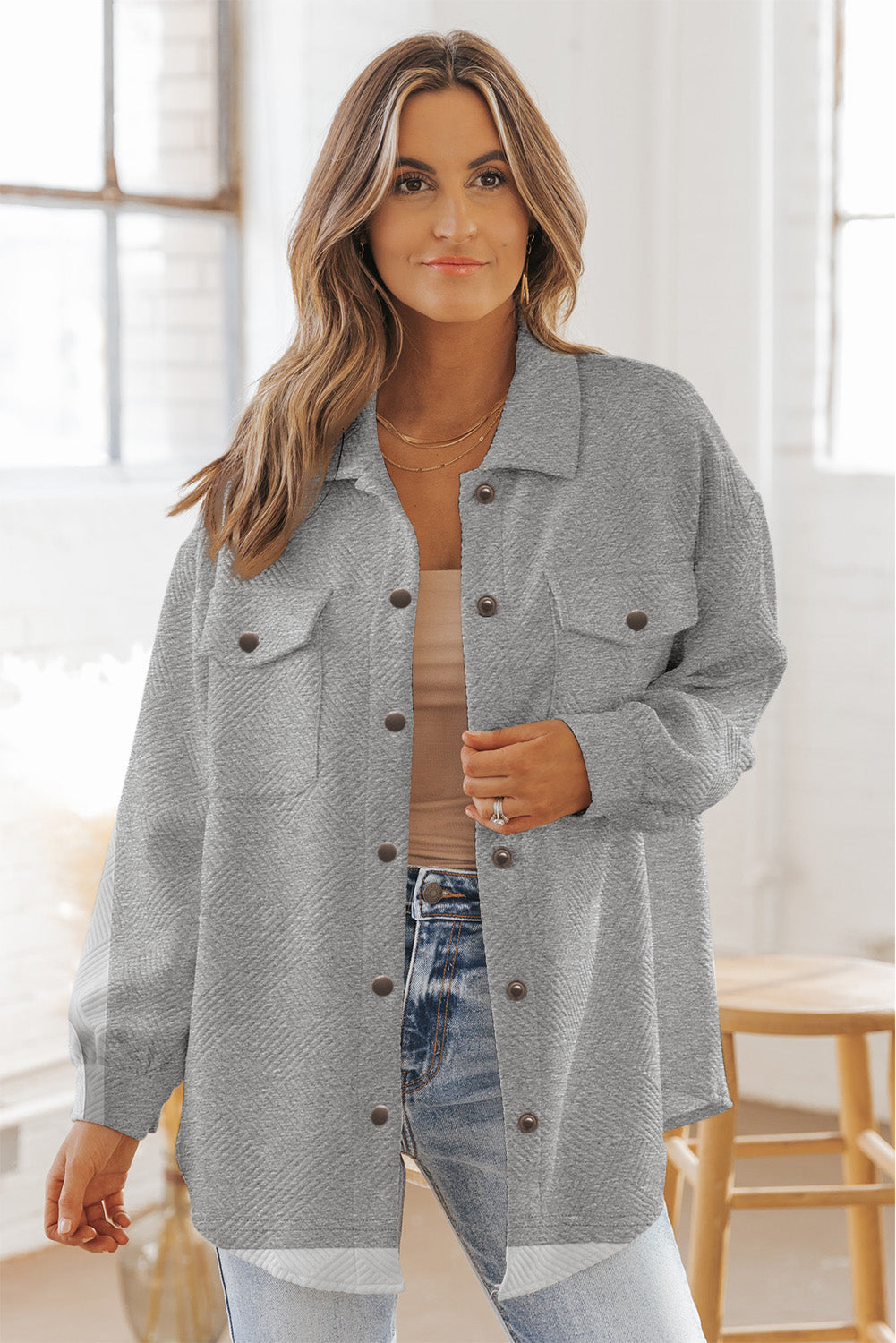 Grey Solid Textured Flap Pocket Buttoned Shacket eAura