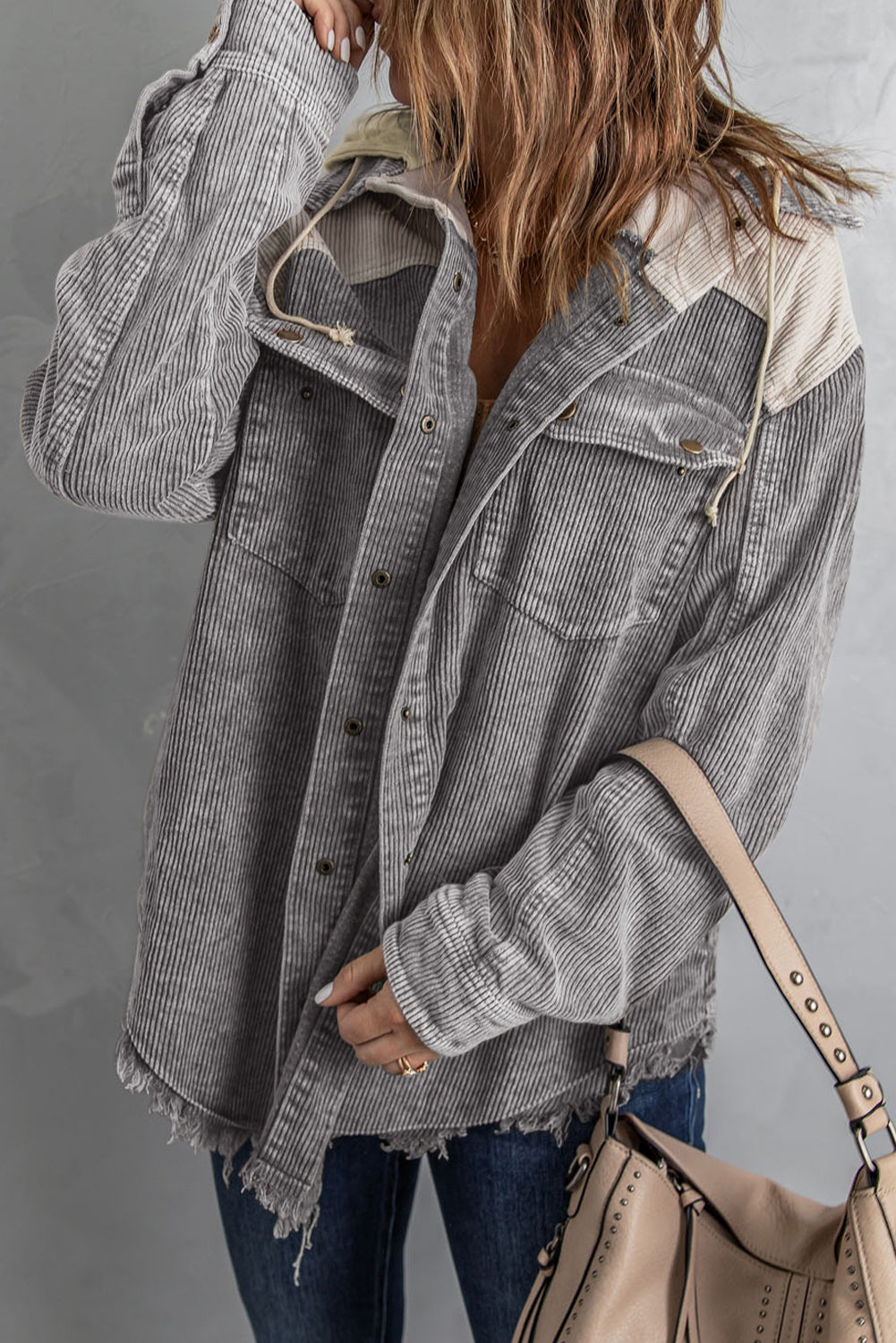 Khaki Patchwork Hooded Corduroy Shacket BB Fashion Outlet