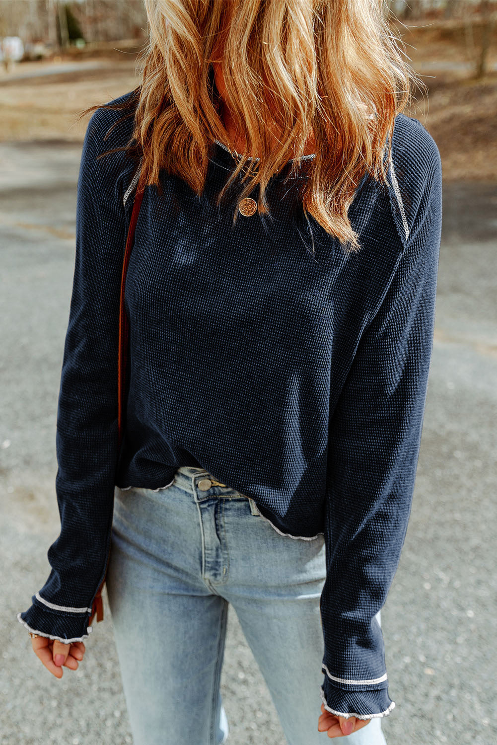 Blue Textured Round Neck Long Sleeve Top eAura