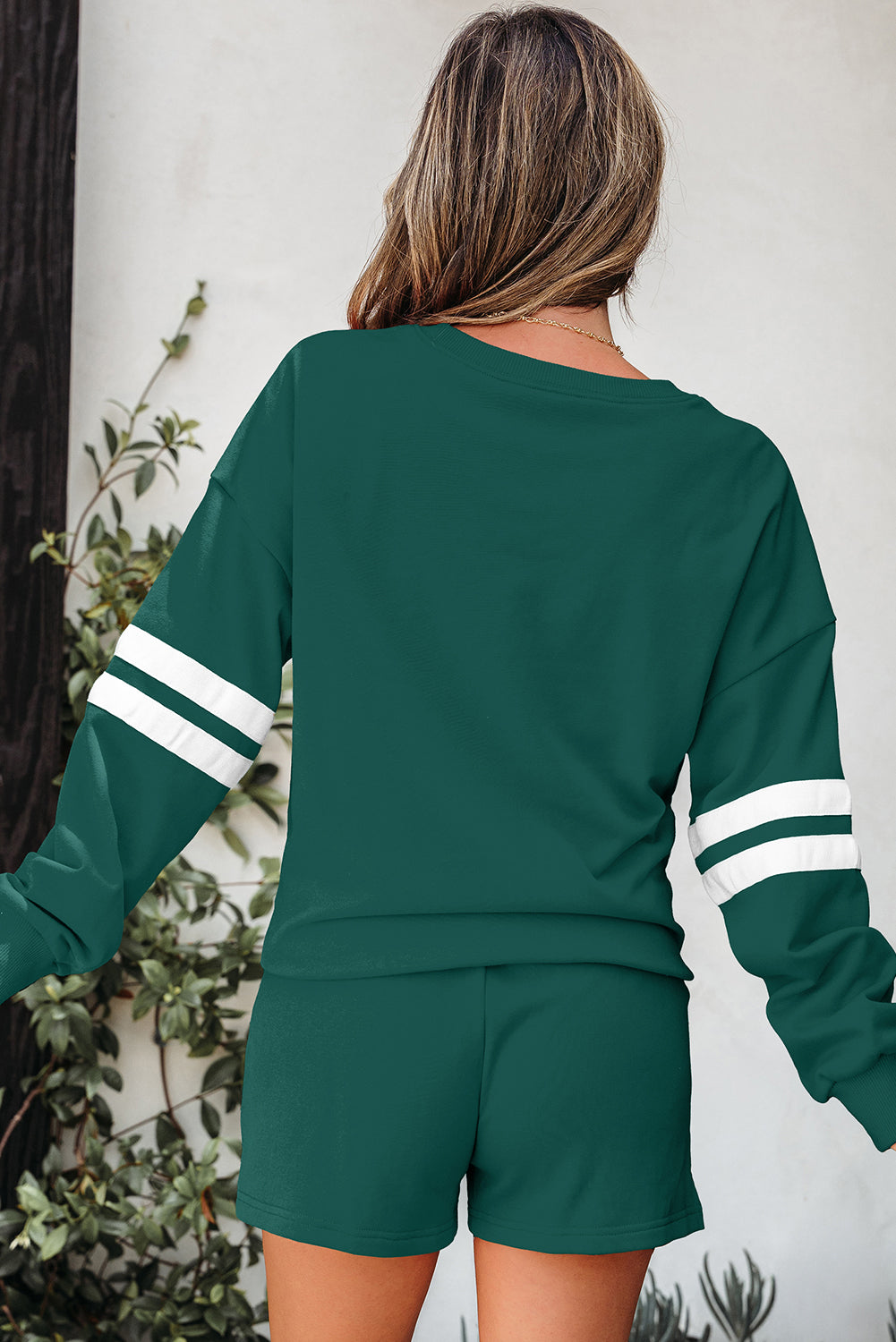 Varsity Striped Sleeve Drop Shoulder Sweatshirt and Shorts Co-ord Set eAura