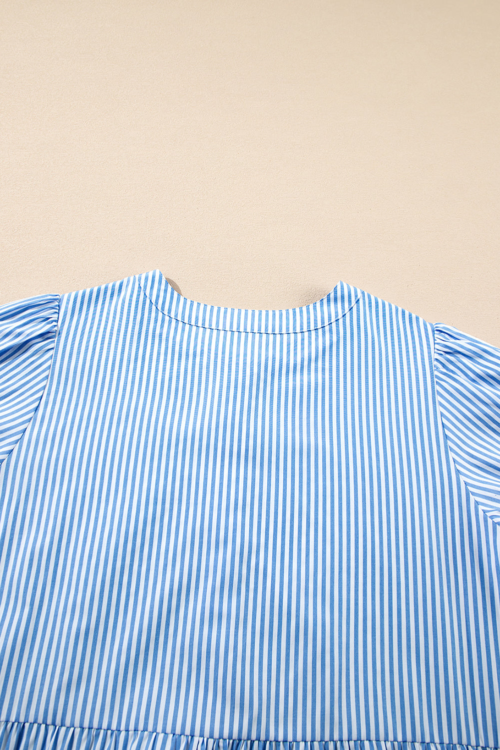 Sky Blue Stripe Bubble Short Sleeve Tiered Scallop Long Dress eAura
