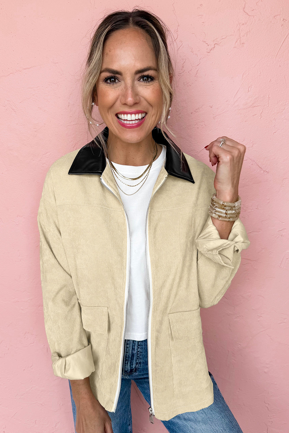 Contrast Faux Leather Collar Textured Zip-Up Jacket - eAura