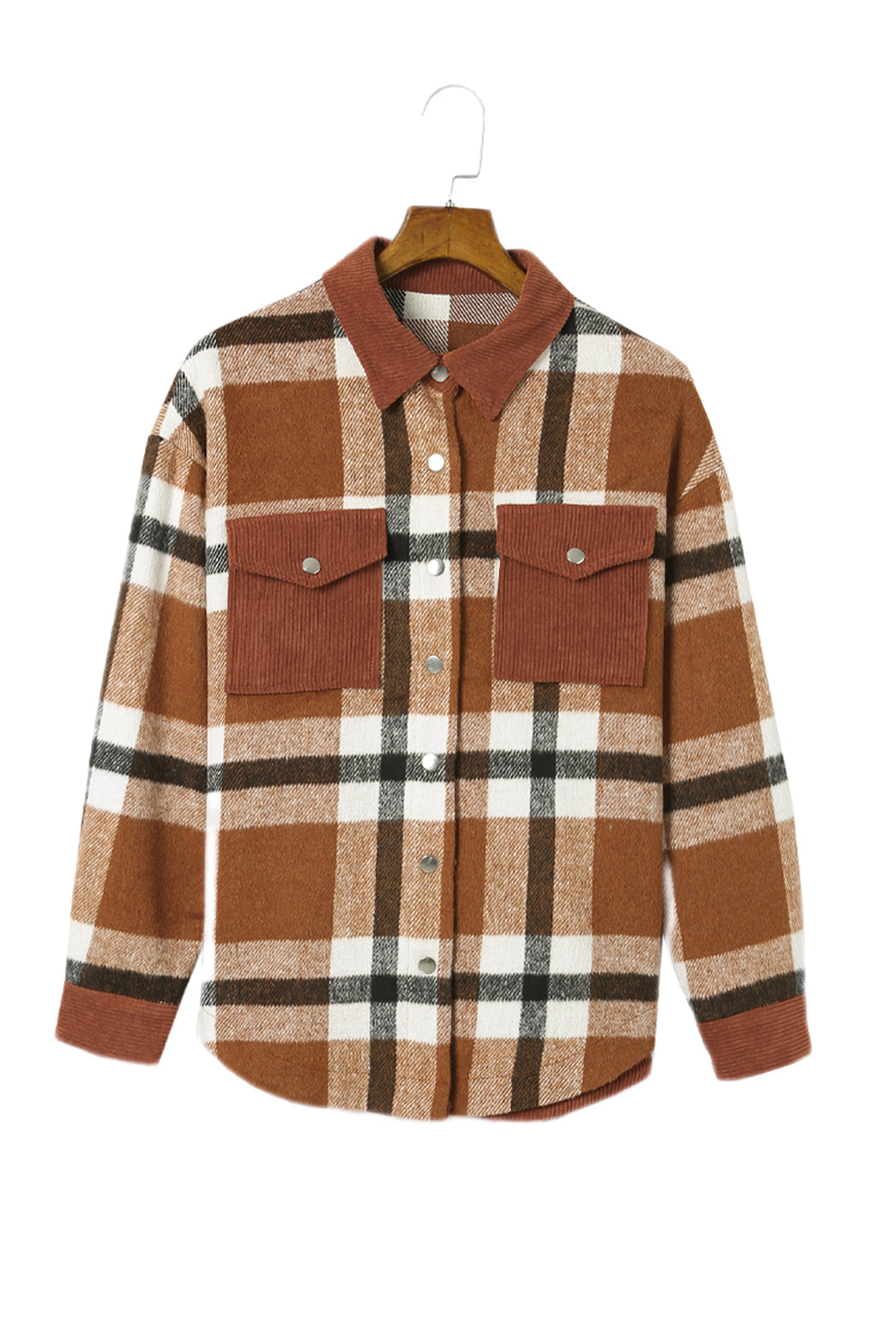 Brown Pocketed Buttoned Plaid Shirt Jacket Beagle Boutique Fashion Outlet