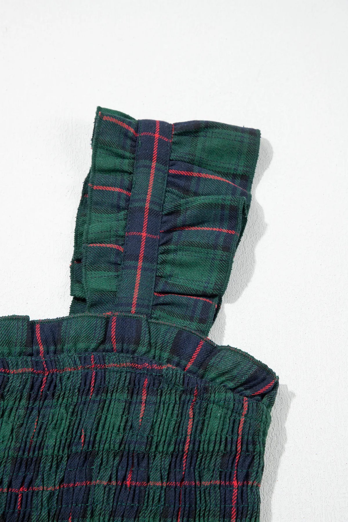 Plaid Ruffle Sleeveless Shirred Bodice Tiered Midi Dress – Green