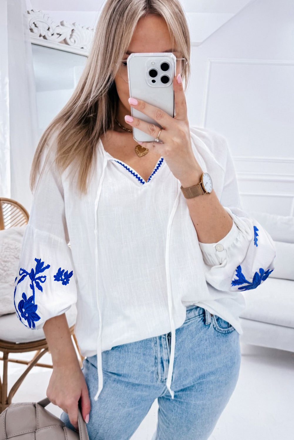 Floral Embroidered Drawstring V-Neck Blouse - Tops/Blouses & Shirts