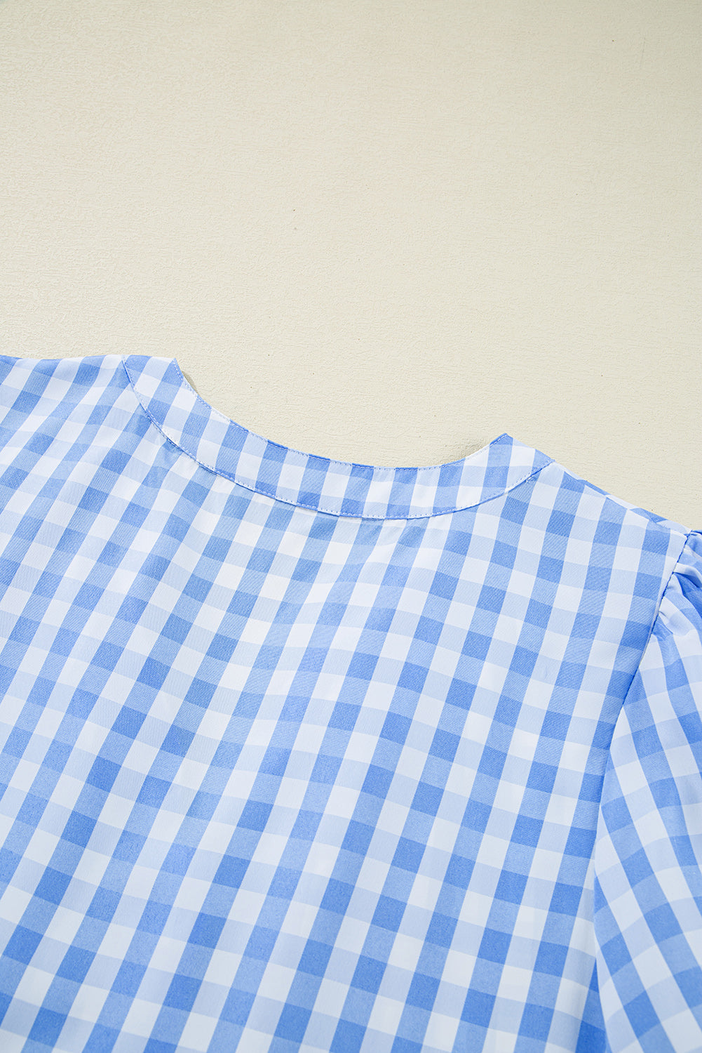 Sky Blue Gingham Short Sleeve Button Tie Split Neck Loose Mini Dress eAura