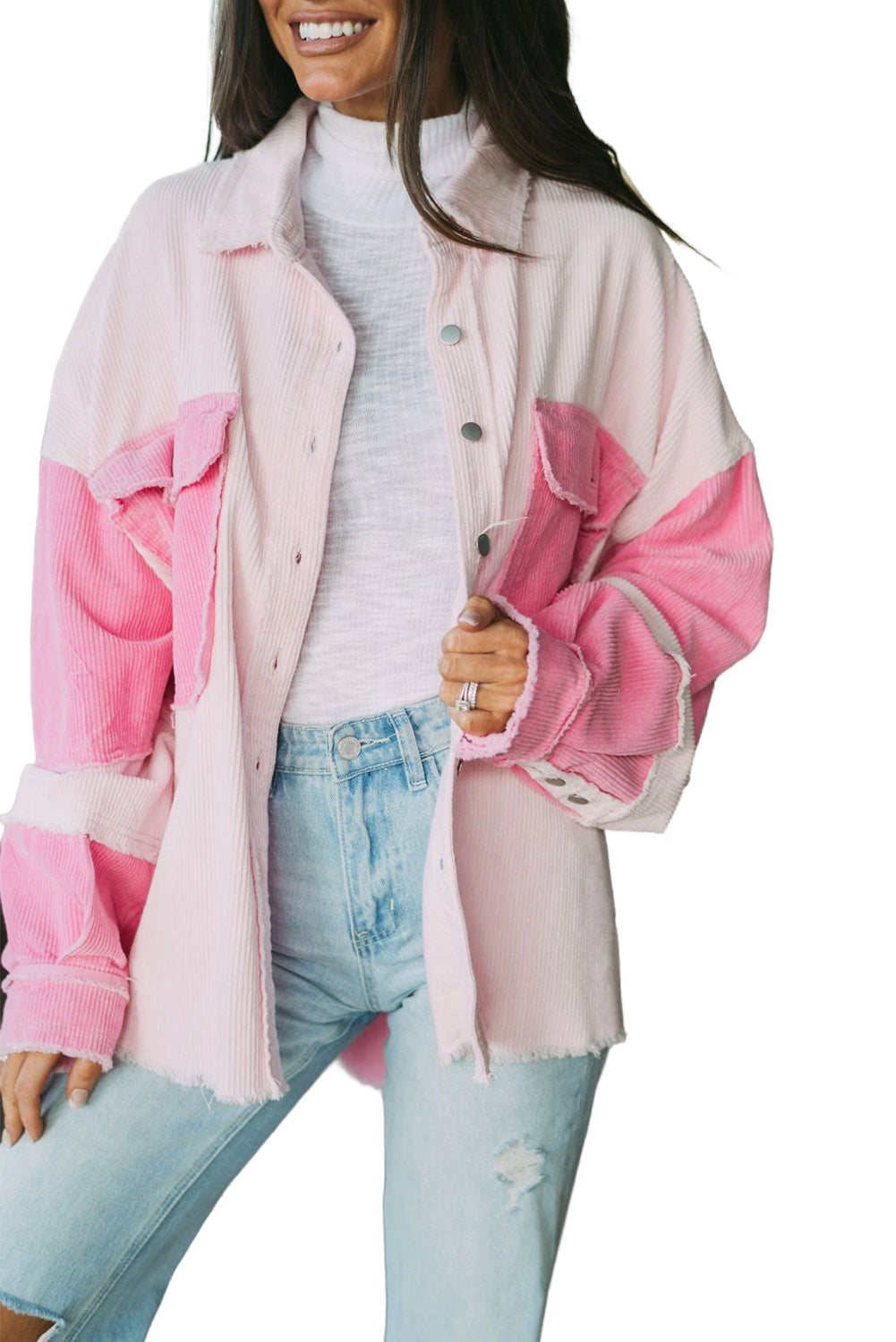 Delicacy Two-tone Colour Exposed Seam Corduroy Shacket Beagle Boutique Fashion Outlet