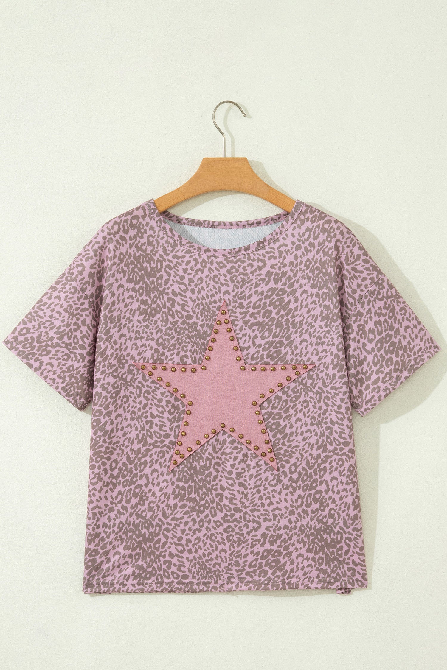 Leopard Print Studded Star Patch Loose Tee – Khaki & Pink