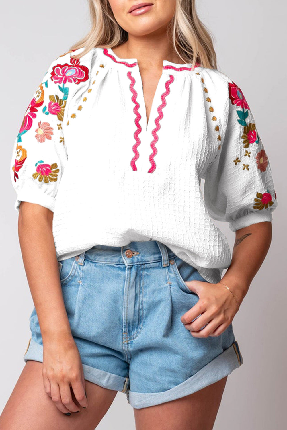Beige Floral Embroidered Ricrac Puff Sleeve Textured Blouse BB Fashion Outlet