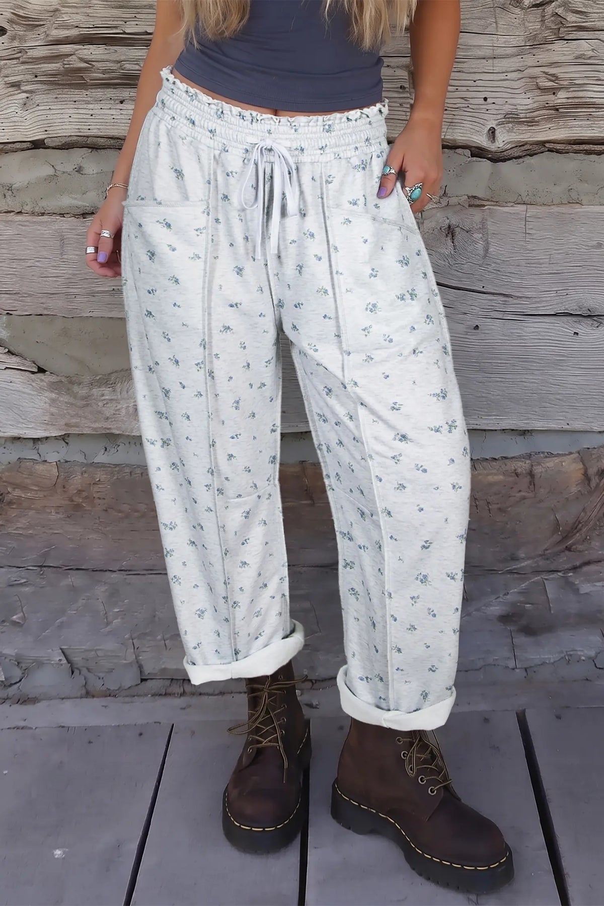 Floral Print Elastic Waist Regular Fit Pants – Grey