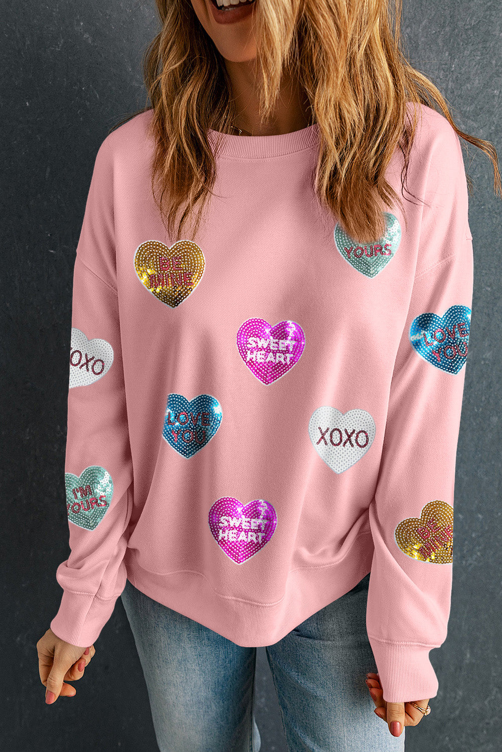 Pink Sequin Romantic Letters Heart Graphic Valentines Sweatshirt eAura