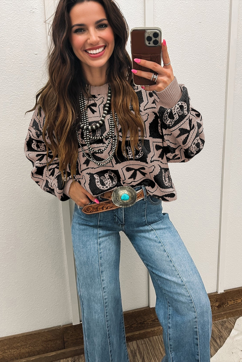 Bows & Horseshoes Pattern Western Fashion Print Sweater eAura