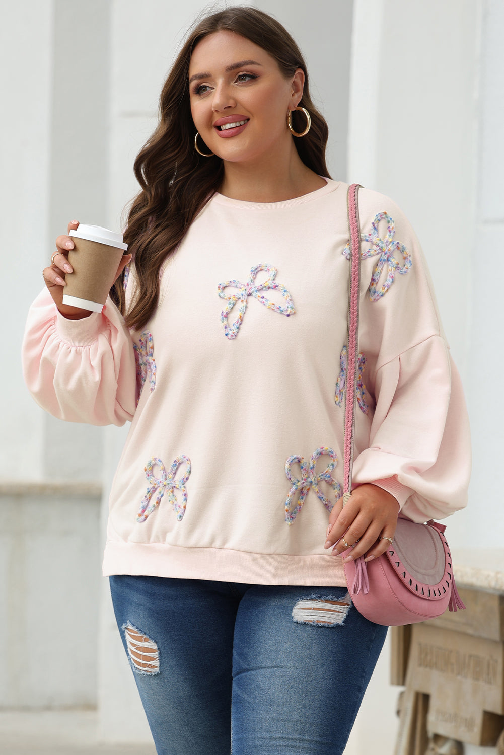 Parchment Embroidered Bow Lantern Sleeve Oversized Pullover Sweatshirt eAura