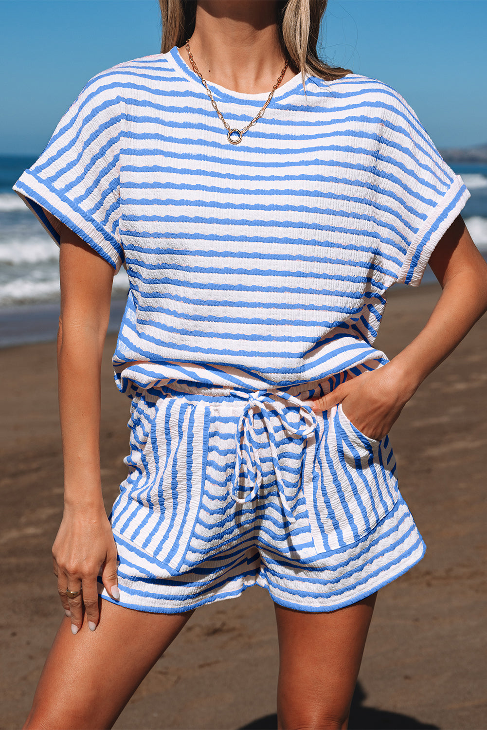 Black Stripe Knitted Short Sleeve Top and Drawstring Shorts Set eAura