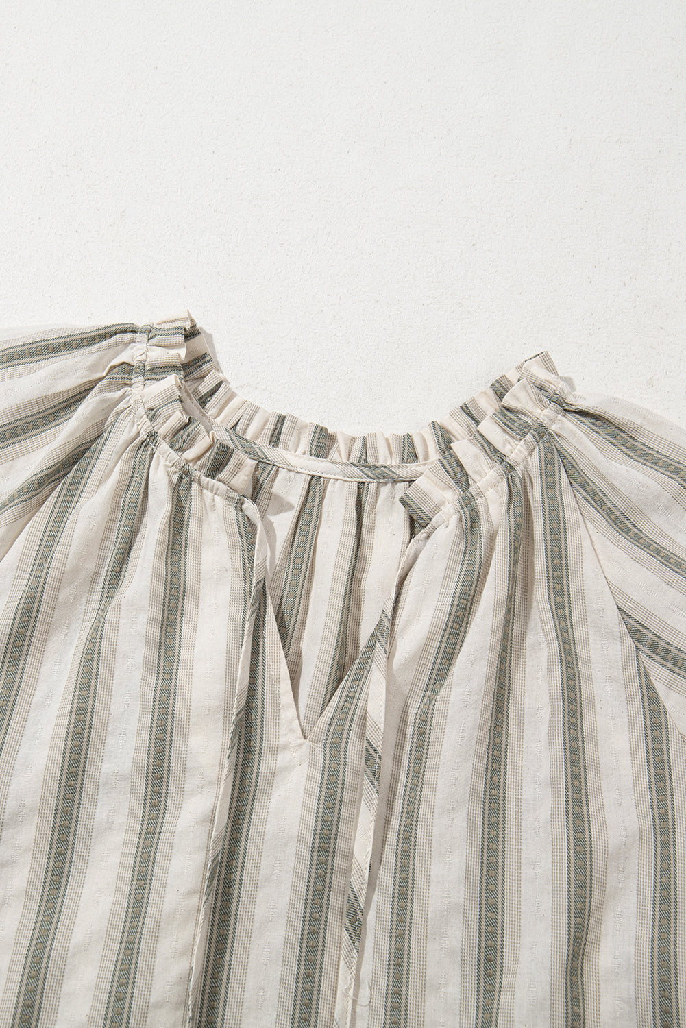 Grey Stripe Frilled Tie Neck Short Sleeve Blouse eAura