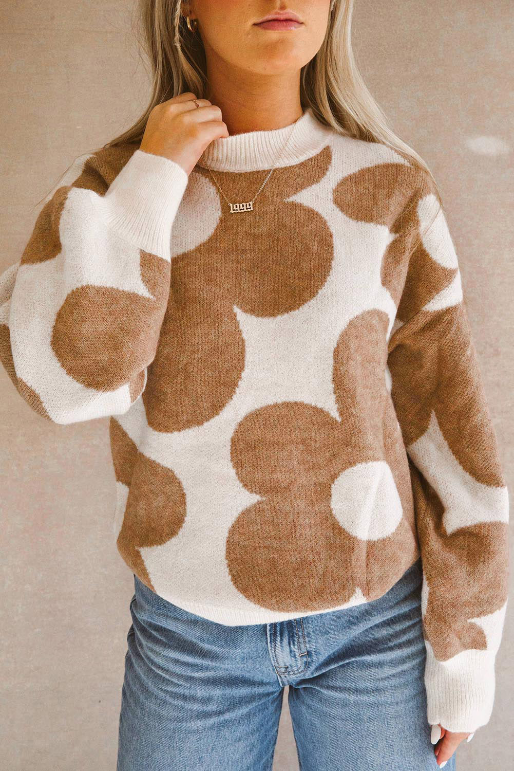 Khaki Big Flower Pattern Drop Shoulder Sweater eAura