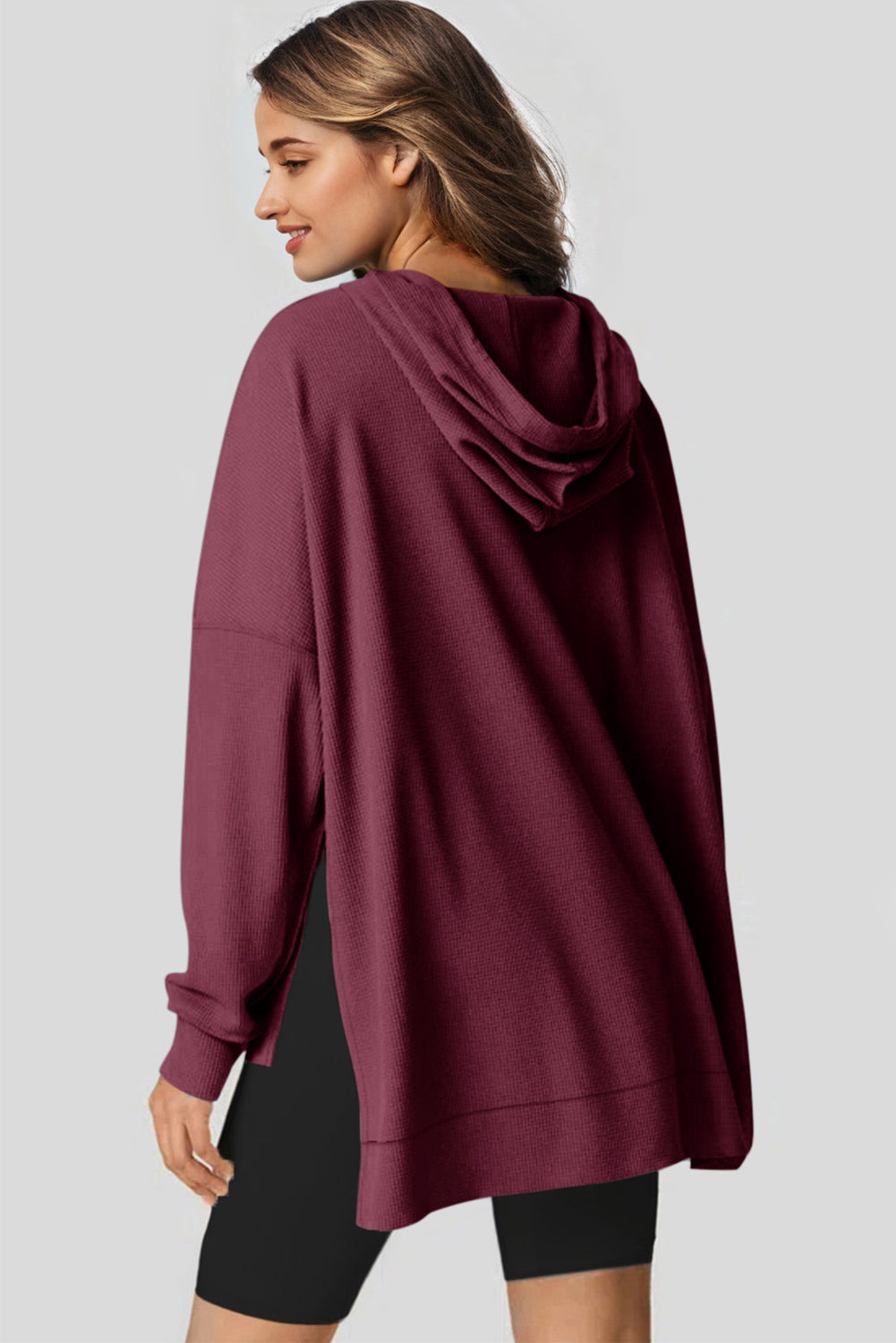 Light Pink Waffle Knit Fleece Lined High Low Oversized Hoodie eAura