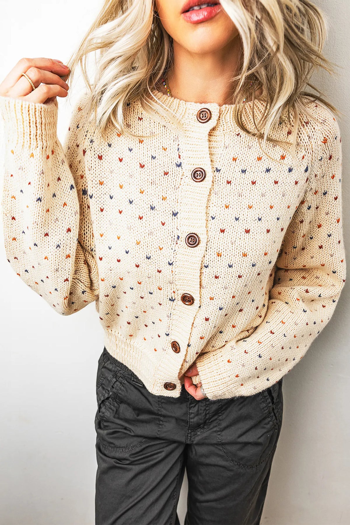 Geometric Print Button Front Long Sleeve Regular Fit Cardigan – Beige