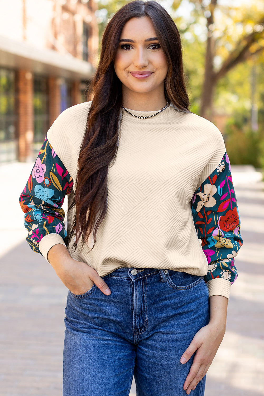White Contrast Floral Sleeve Textured Drop Shoulder Knit Top eAura