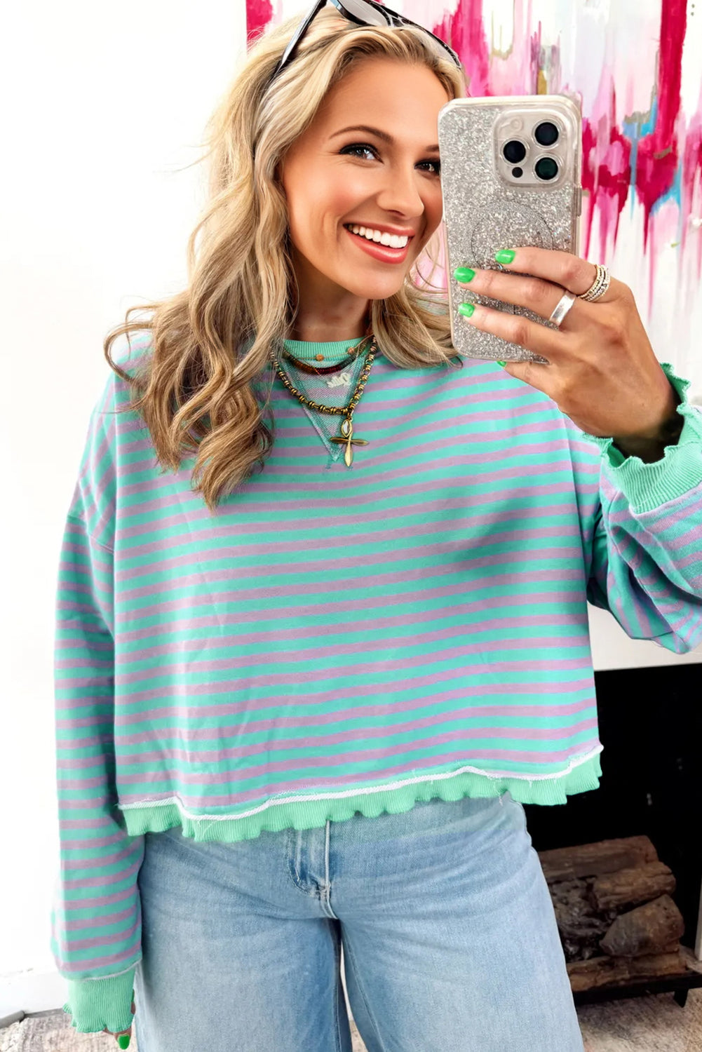 Green Stripe Exposed Seam Contrast Ribbed Trim Boxy Sweatshirt - eAura
