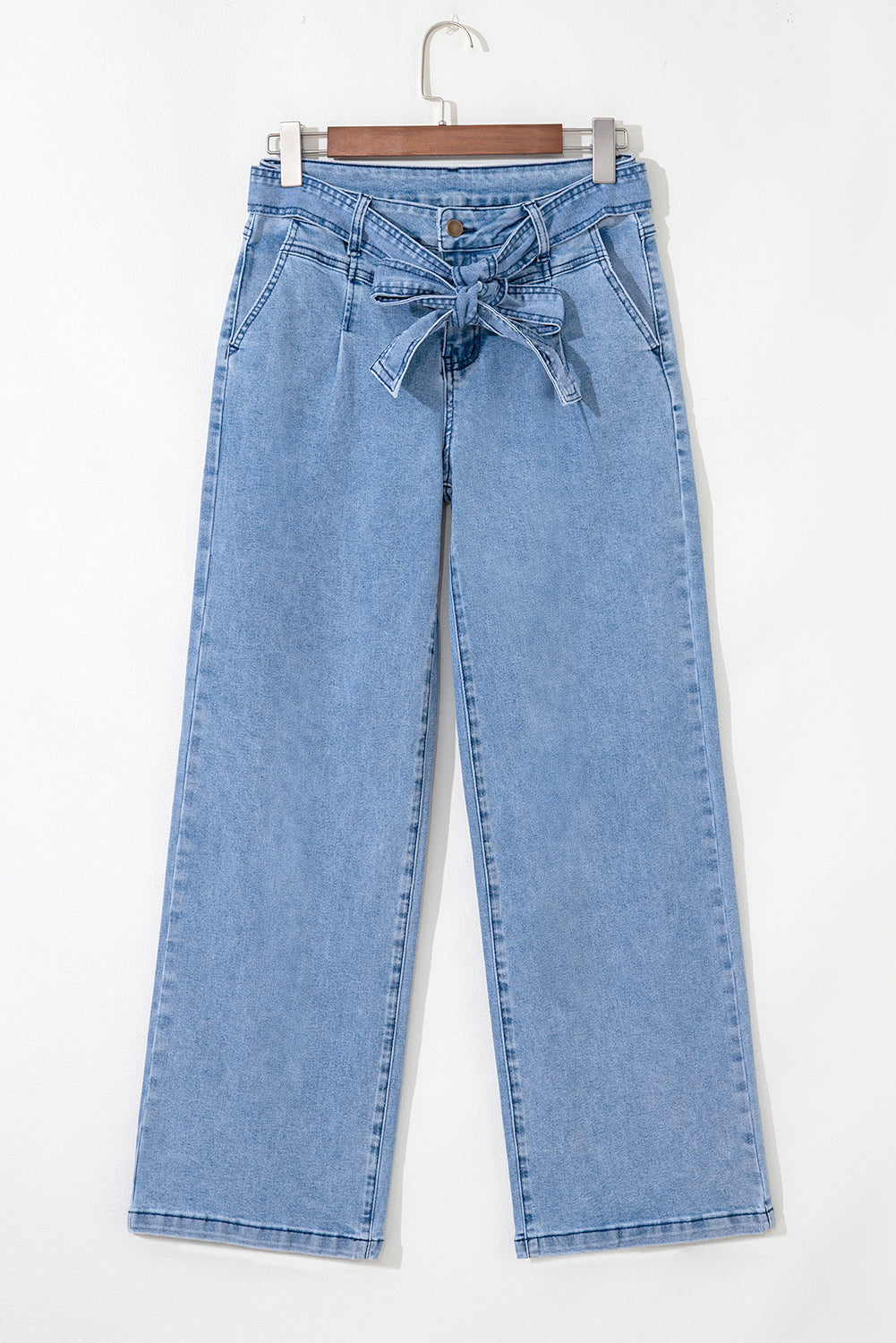 Western Washed Bow Knot Sash Wide Leg Jeans - eAura