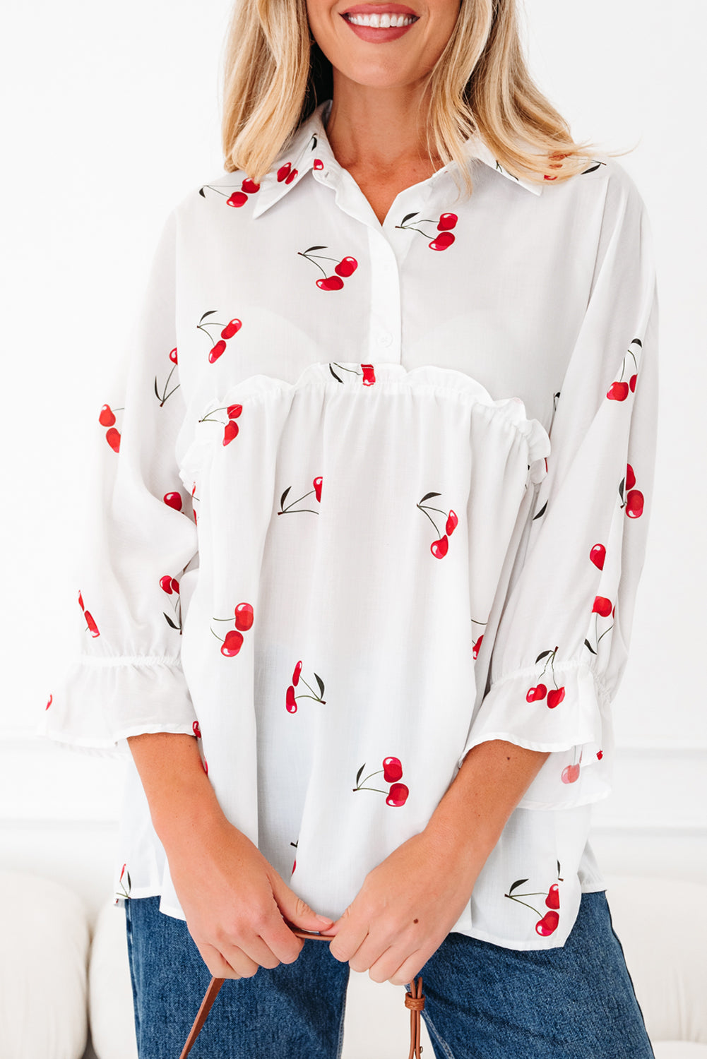 White Cherry Print Collared Frilled Babydoll Blouse - eAura
