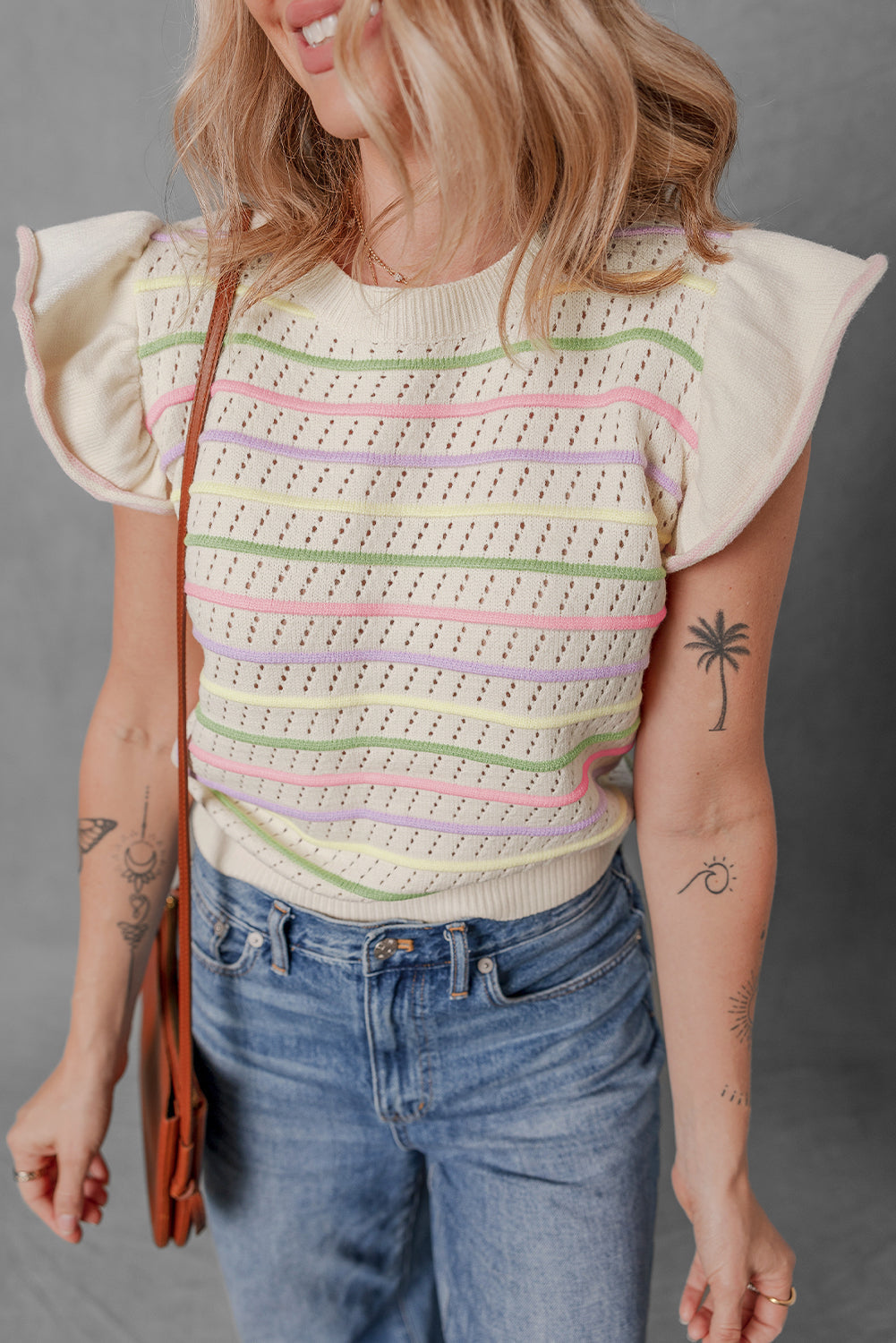 Oatmeal Colourful Striped Eyelet Knit Ruffled Sleeve Sweater T Shirt eAura