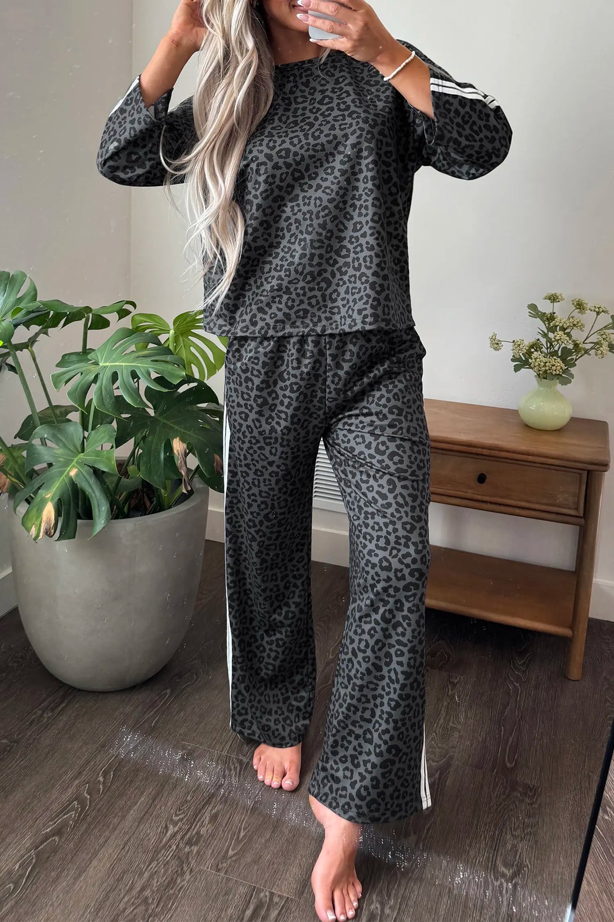 Leopard Print Varsity Striped Detail 3/4 Sleeve Top Shift Pant Set – Pink