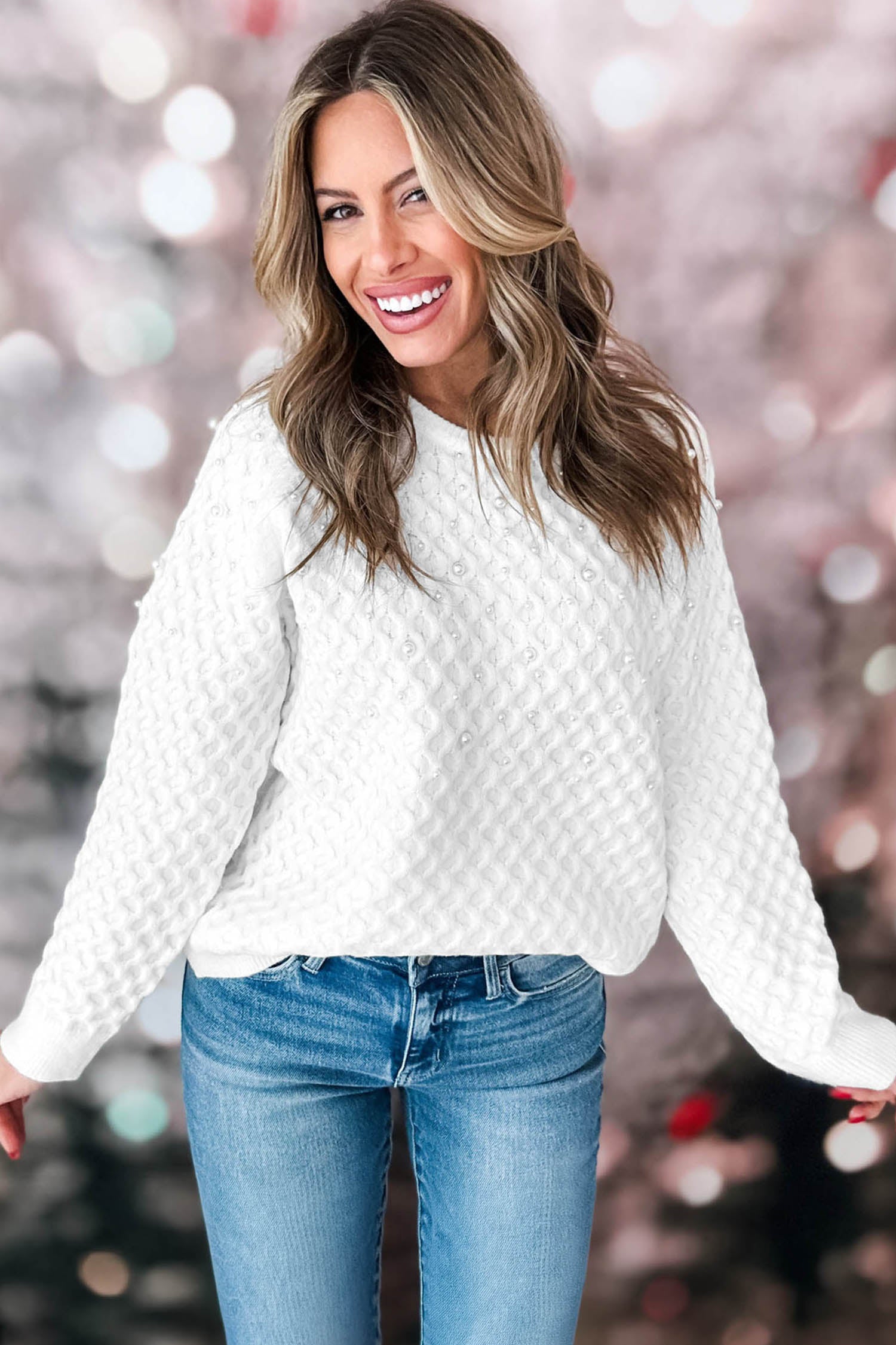 Solid Textured Knit Pearl Embellished Pullover Sweater – White