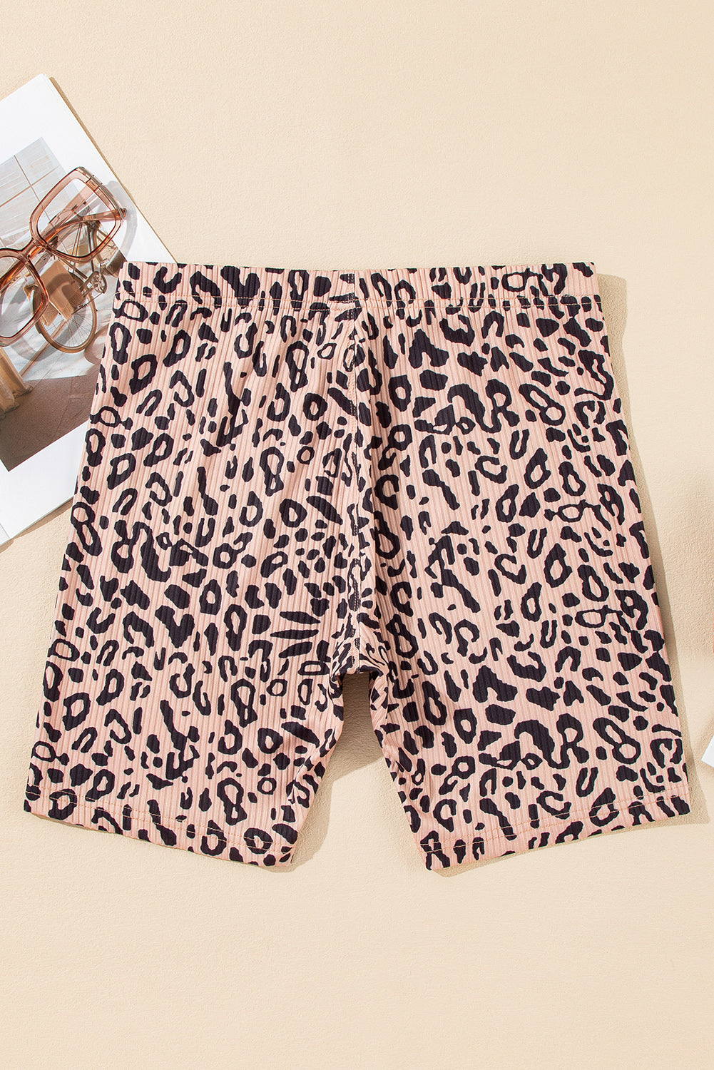 Khaki Leopard Print Ribbed Textured Knit Bicycl Shorts eAura