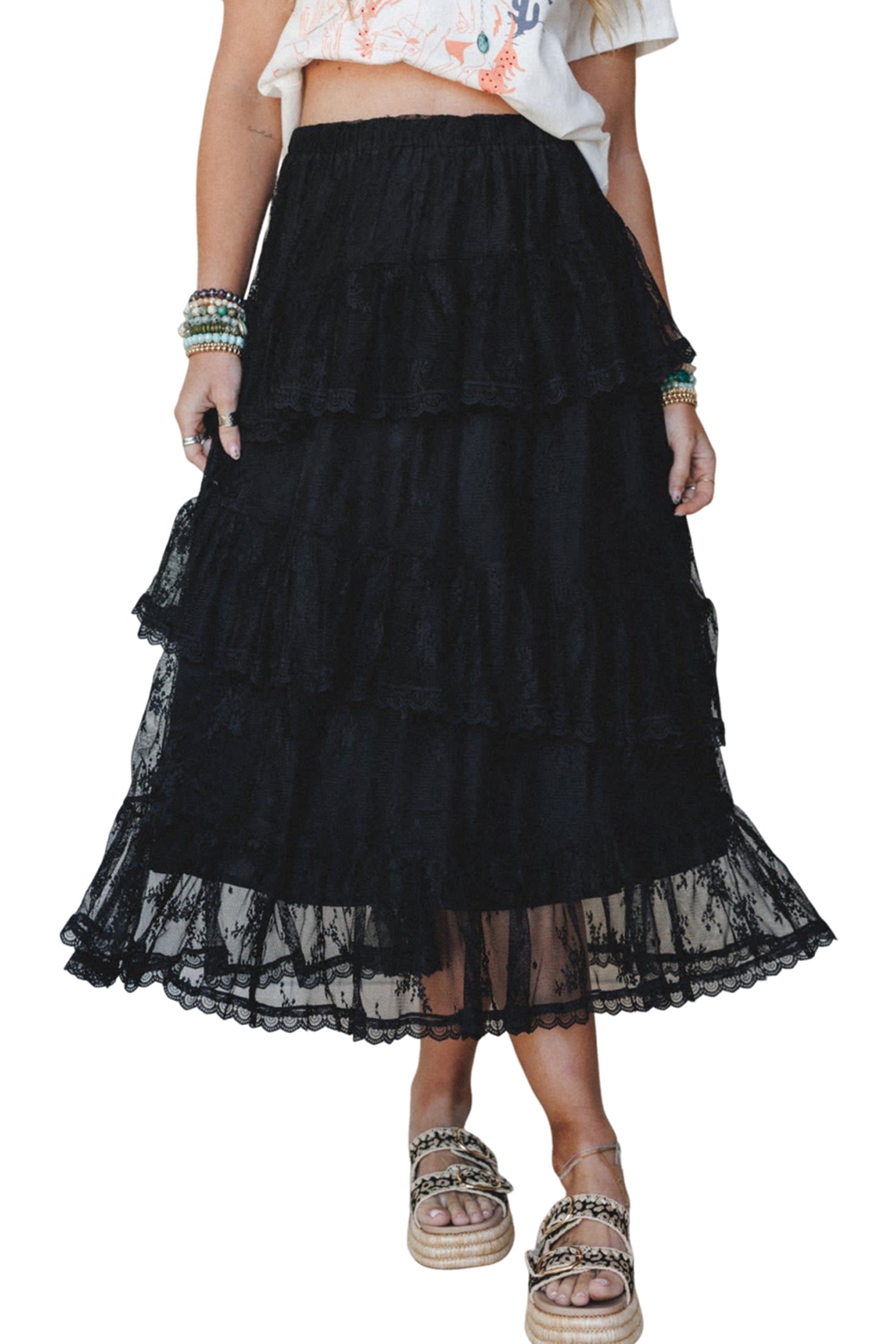 Elegant Ruffle Lace Tiered Skirt – Black