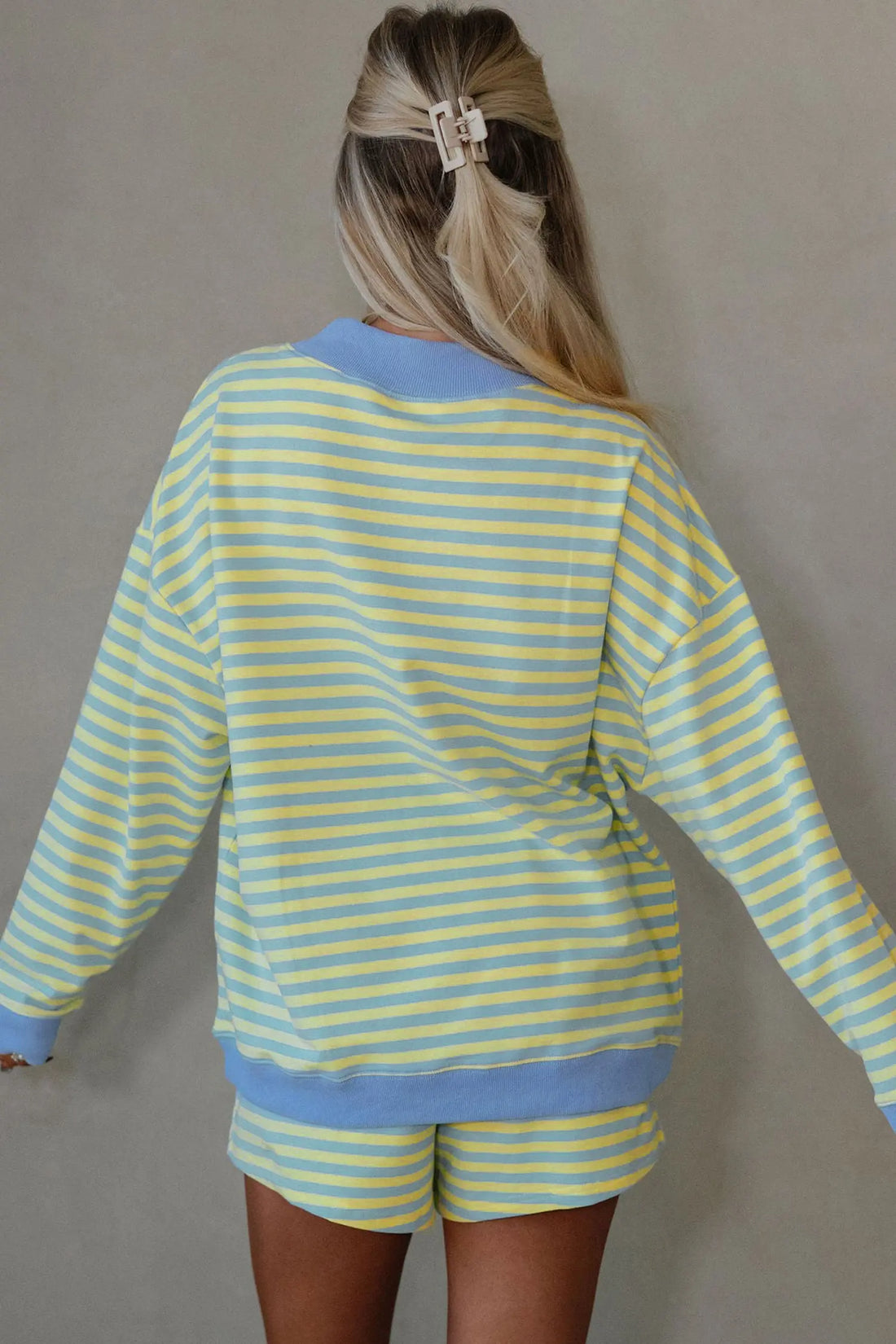 Colour Block Detail Long Sleeve Pullover Elastic Waist Pull On Shorts 2pcs Set – Yellow Stripe