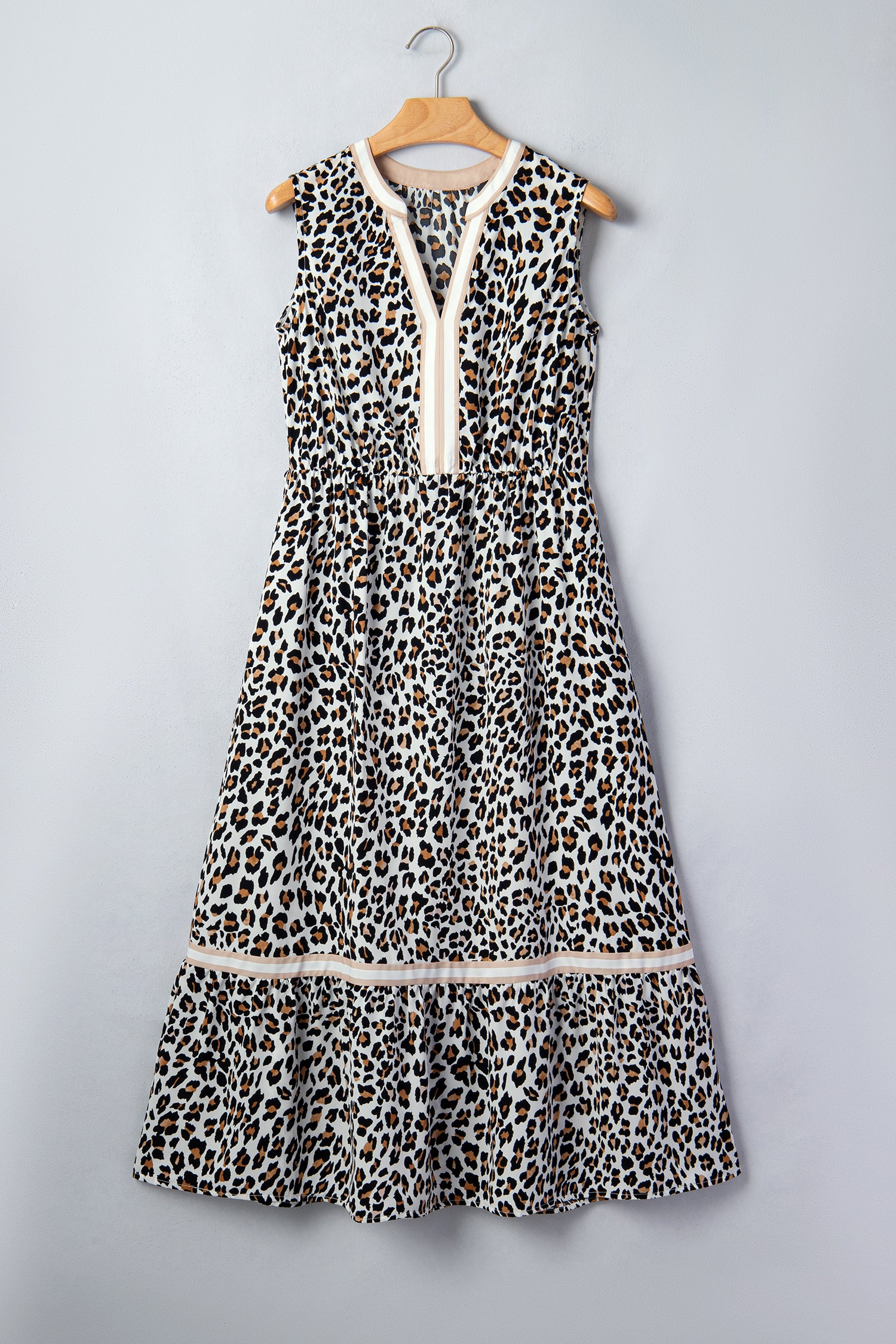 Leopard Print Colorblock Trim Sleeveless Midi Dress – White