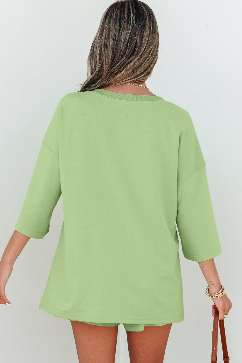 Meadow Mist Green Solid Loose V Neck Half Sleeve Tee and Shorts eAura