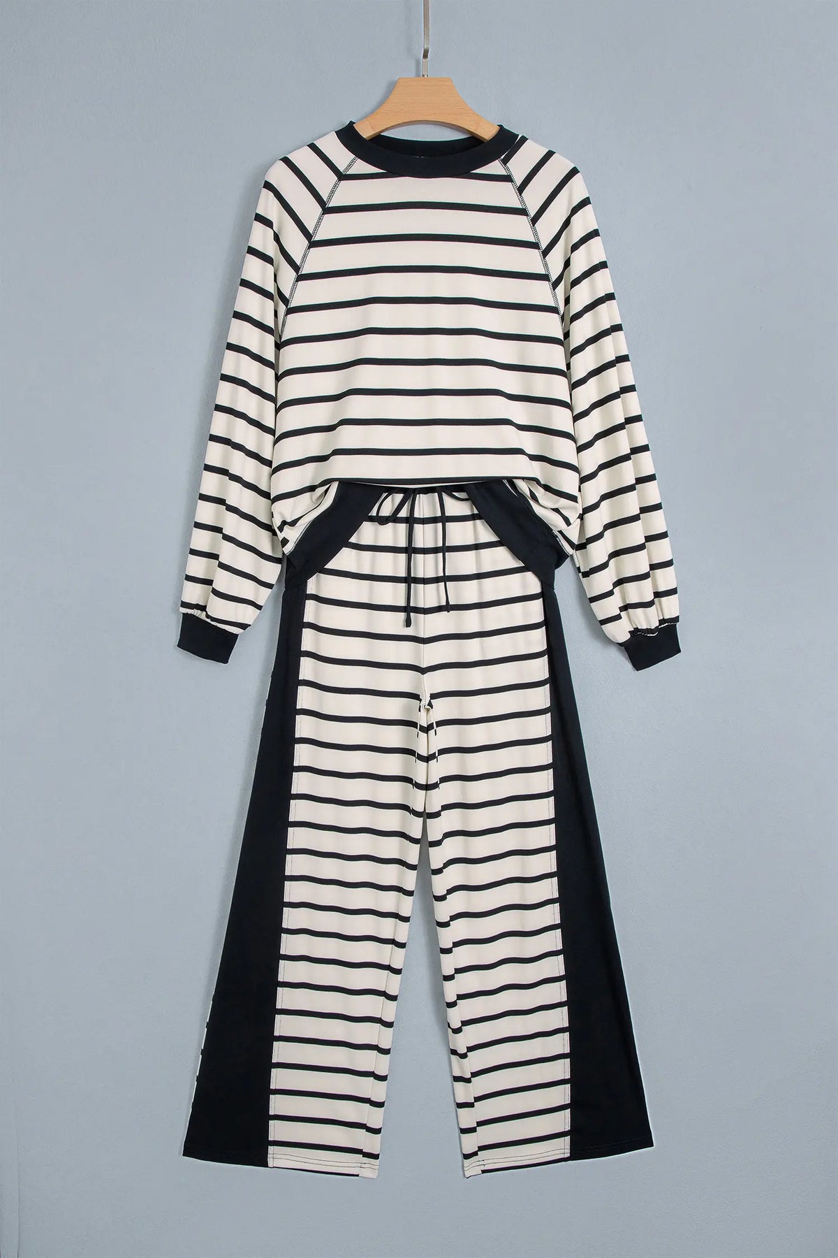 Relaxed Long Sleeve Top Colour Block Detail Drawstring Pant Set – Beige Stripe